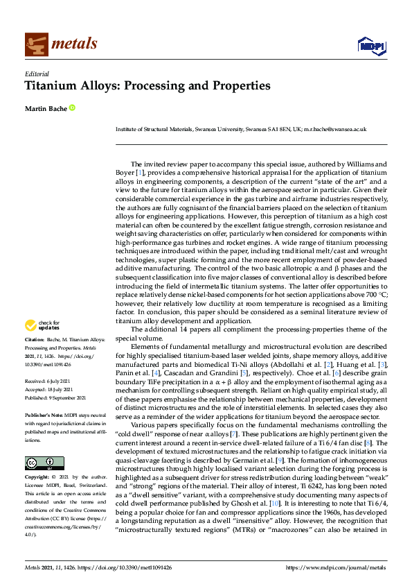 (PDF) Titanium Alloys: Processing and Properties