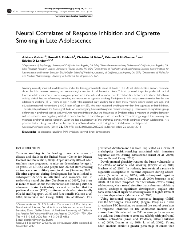 (PDF) Neural Correlates of Response Inhibition and Cigarette Smoking in ...