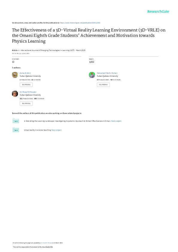 (PDF) The Effectiveness of a 3D-Virtual Reality Learning Environment ...