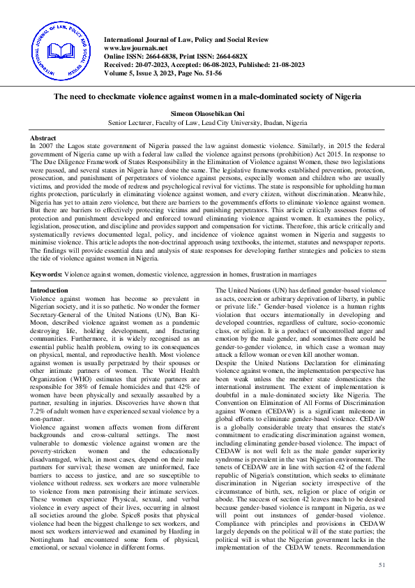 (PDF) The need to checkmate violence against women in a male-dominated ...
