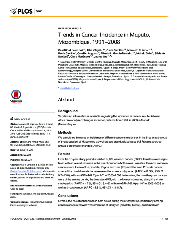 Trends in Cancer Incidence in Maputo, Mozambique, 1991-2008