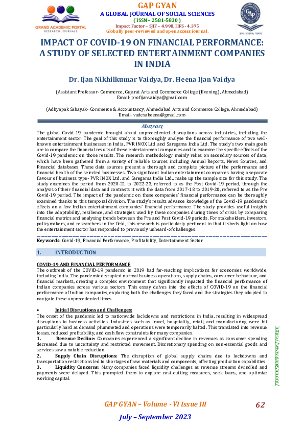 (PDF) IMPACT OF COVID-19 ON FINANCIAL PERFORMANCE: A STUDY OF SELECTED ...