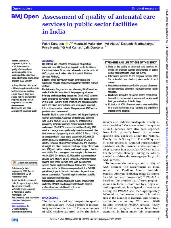 (PDF) Assessment of quality of antenatal care services in public sector ...