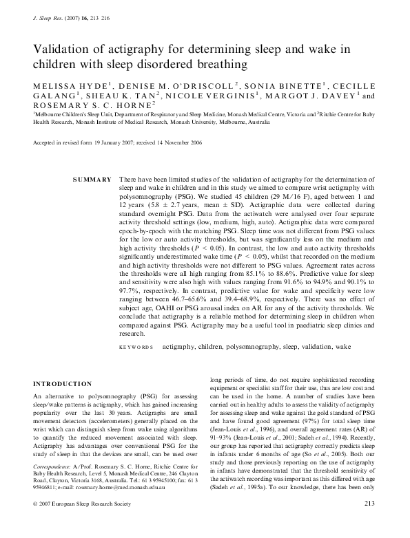 (PDF) Validation of actigraphy for determining sleep and wake in ...