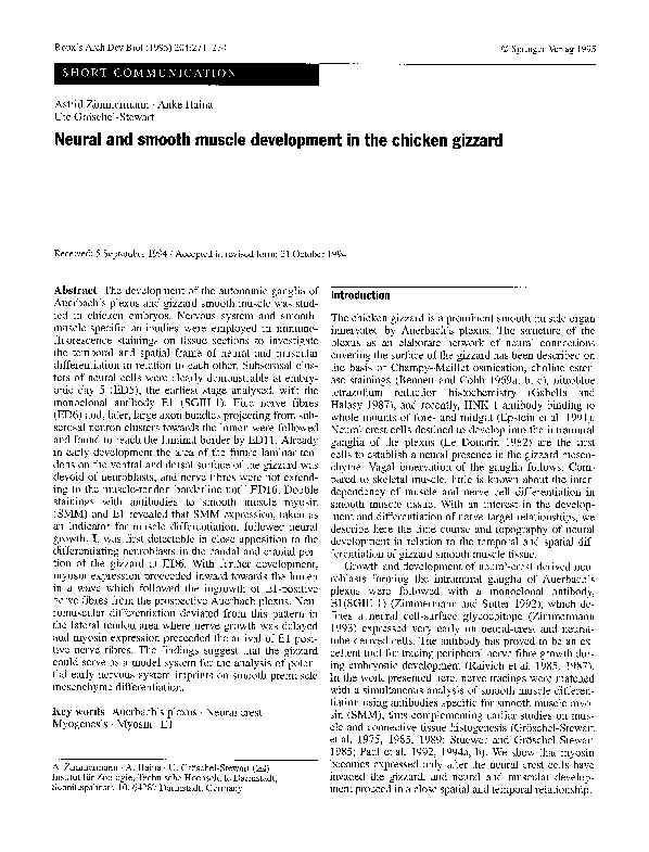 (PDF) Neural and smooth muscle development in the chicken gizzard