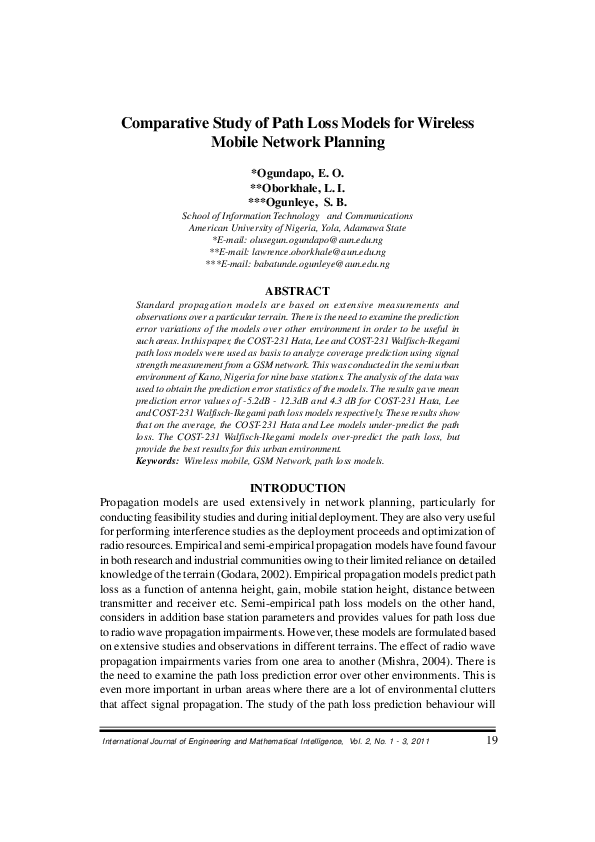 (PDF) Comparative Study of Path Loss Models for Wireless Mobile Network ...