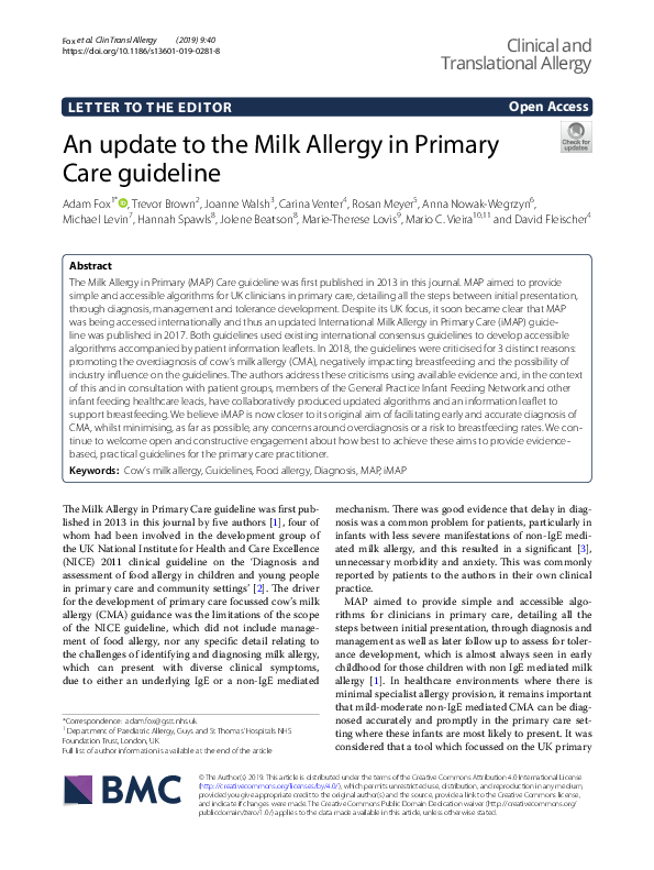 (PDF) An update to the Milk Allergy in Primary Care guideline