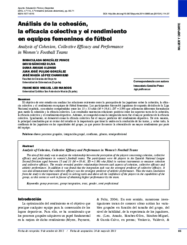 (PDF) Análisis de la cohesión, la eficacia colectiva y el rendimiento ...
