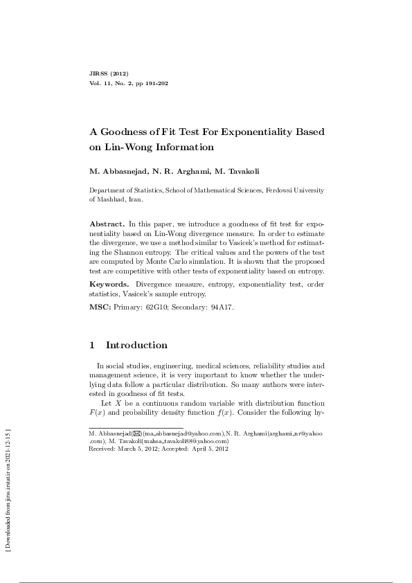 (PDF) A goodness of fit test for exponentiality based on Lin-Wong ...