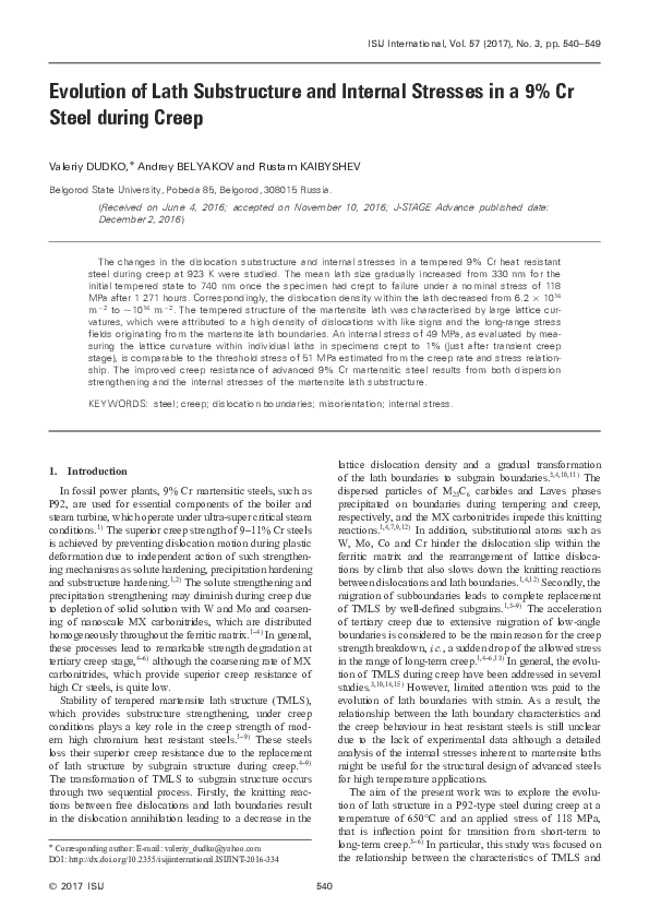 (PDF) Evolution of Lath Substructure and Internal Stresses in a 9% Cr ...