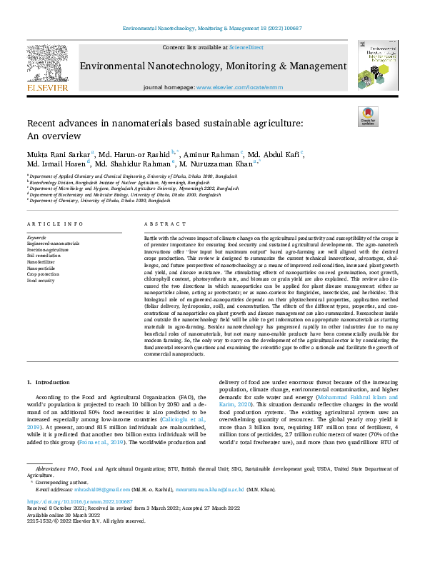 (PDF) Recent advances in nanomaterials based sustainable agriculture ...