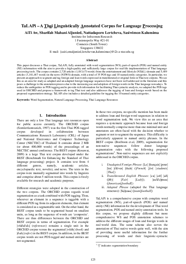 (PDF) TaLAPi ― A Thai Linguistically Annotated Corpus for Language ...