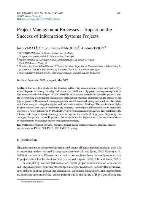 (PDF) Project Management Processes – Impact on the Success of ...