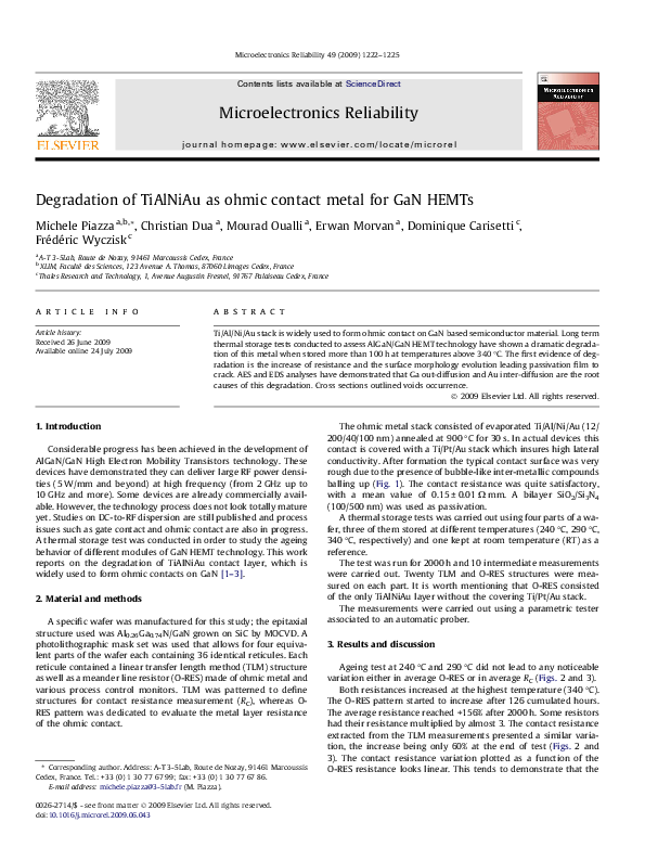 (PDF) Degradation of TiAlNiAu as ohmic contact metal for GaN HEMTs
