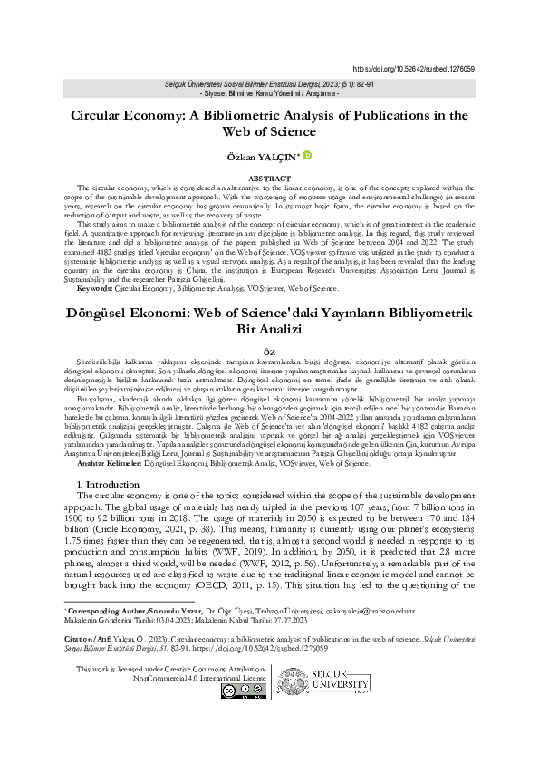 (PDF) CIRCULAR ECONOMY: A BIBLIOMETRIC ANALYSIS OF PUBLICATIONS IN THE ...