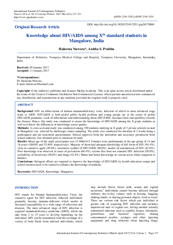 (PDF) Knowledge about HIV/AIDS among Xth standard students in Mangalore ...