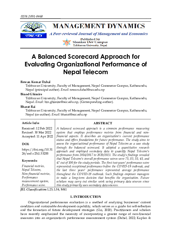 (PDF) A Balanced Scorecard Approach for Evaluating Organizational ...
