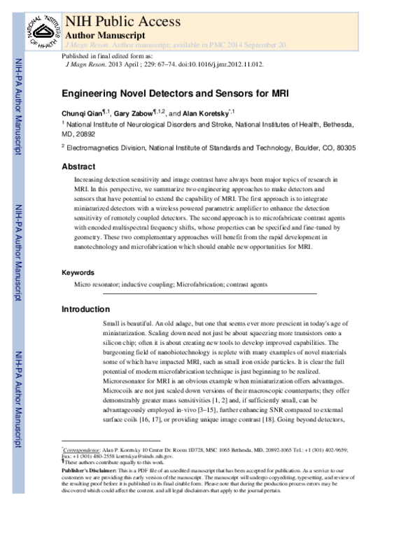 (PDF) Engineering novel detectors and sensors for MRI