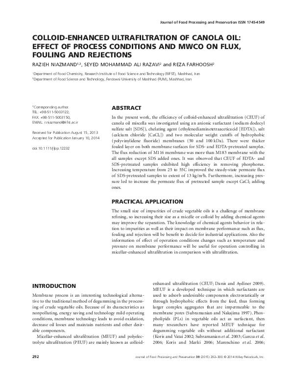 (PDF) Colloid-Enhanced Ultrafiltration of Canola Oil: Effect of Process ...