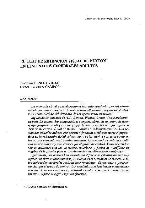 (PDF) The Benton's Visual Retention Test in Adults with Brain Damage