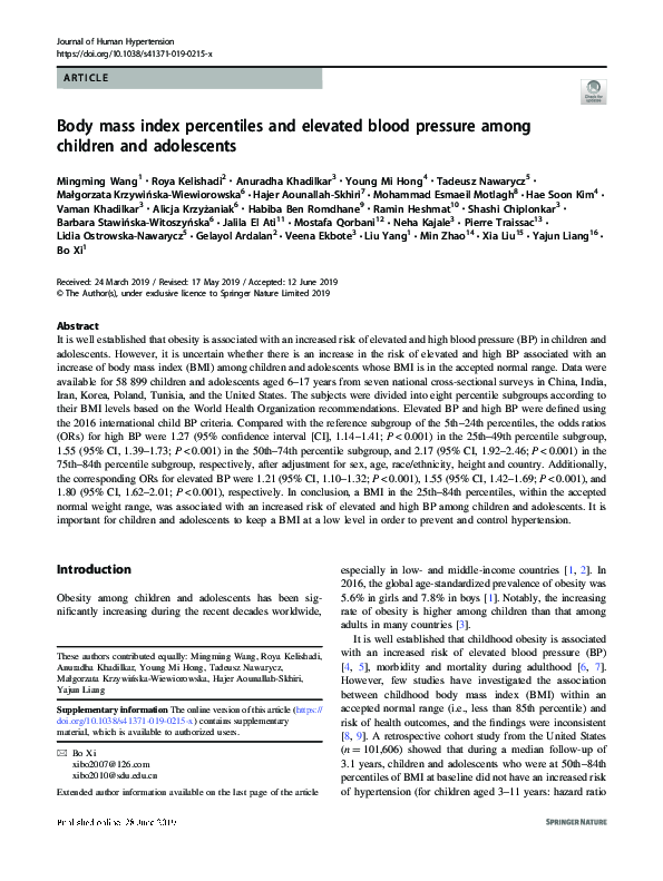 (PDF) Body mass index percentiles and elevated blood pressure among ...