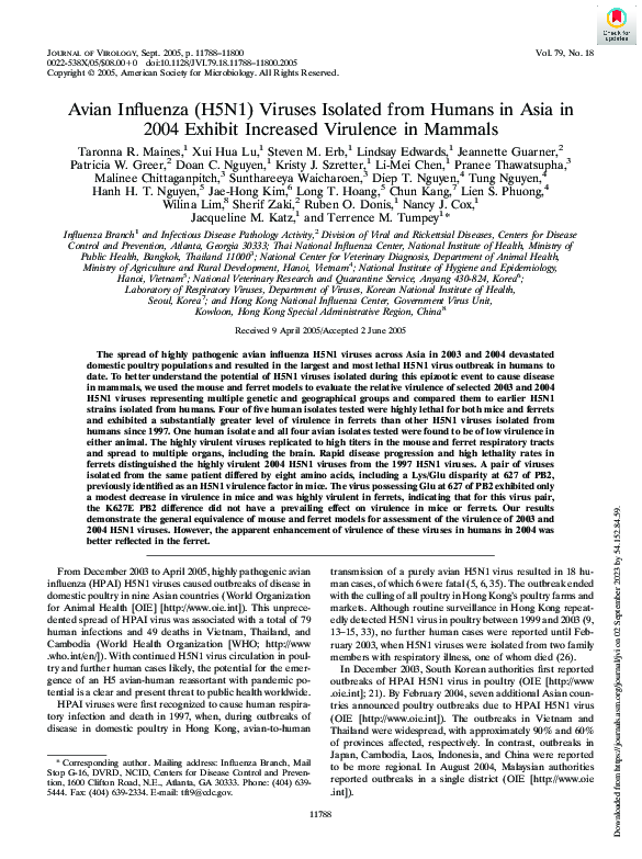 (PDF) Avian Influenza (H5N1) Viruses Isolated from Humans in Asia in ...