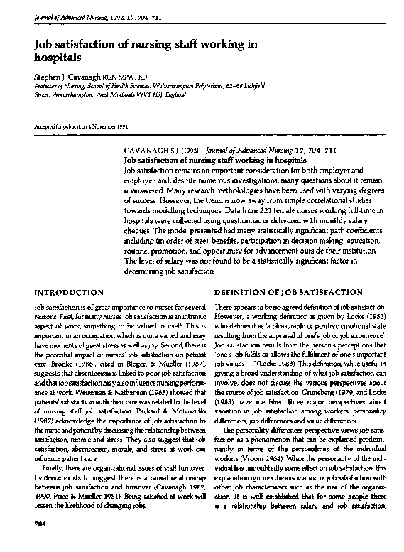 (PDF) Job satisfaction of nursing staff working in hospitals