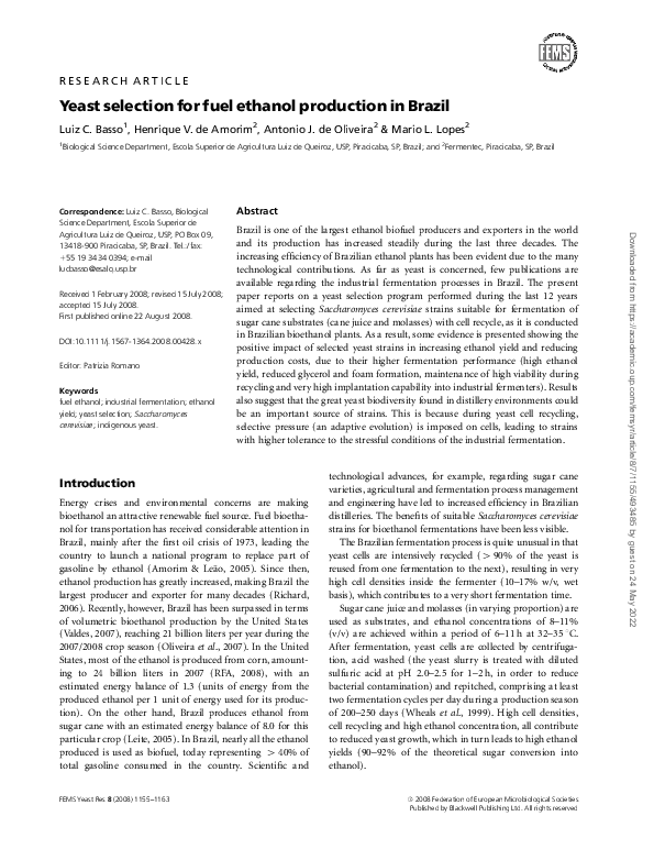 (PDF) Yeast selection for fuel ethanol production in Brazil