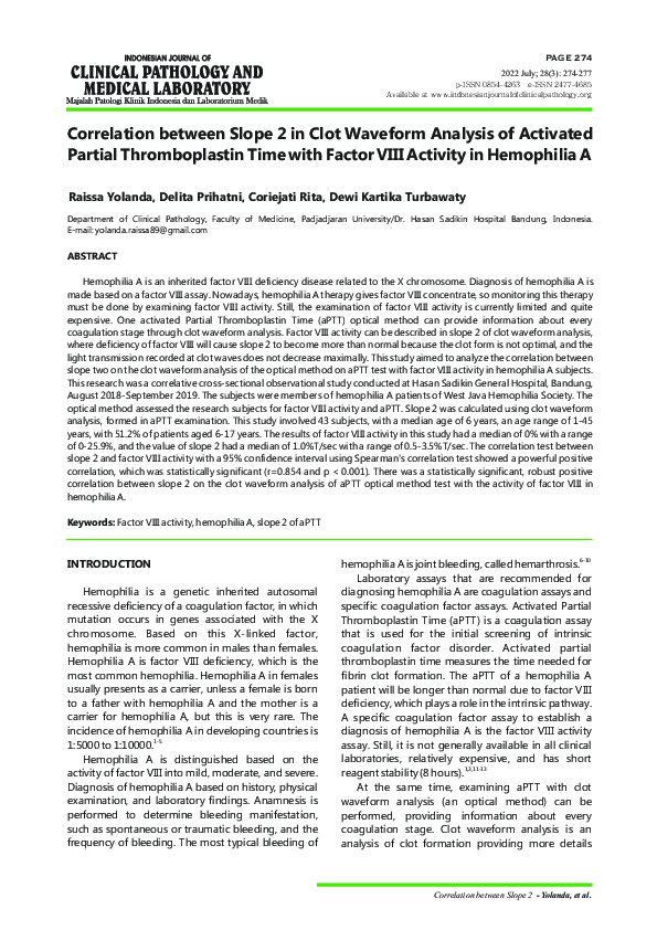 (PDF) Correlation between Slope 2 in Clot Waveform Analysis of ...