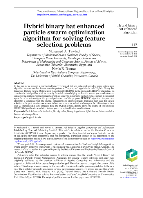 (PDF) Hybrid binary bat enhanced particle swarm optimization algorithm ...