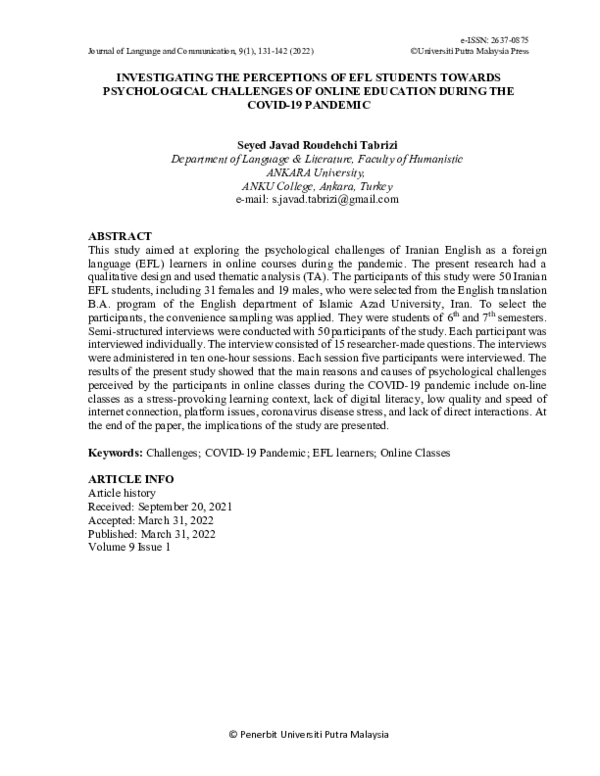 (PDF) INVESTIGATING THE PERCEPTIONS OF EFL STUDENTS TOWARDS ...