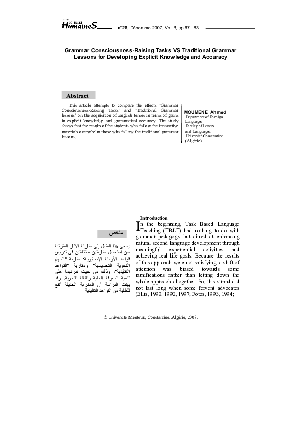 (PDF) Grammar Consciousness-Raising Tasks VS Traditional Gram