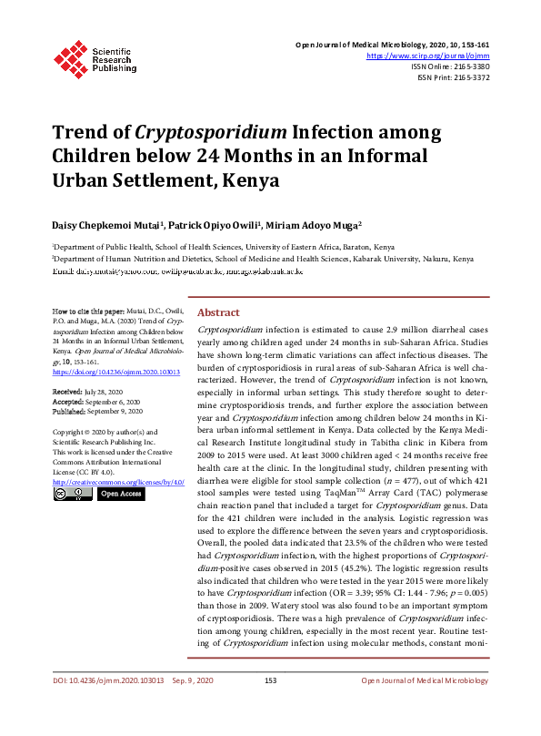 (PDF) Trend of Cryptosporidium Infection among Children below 24 Months ...