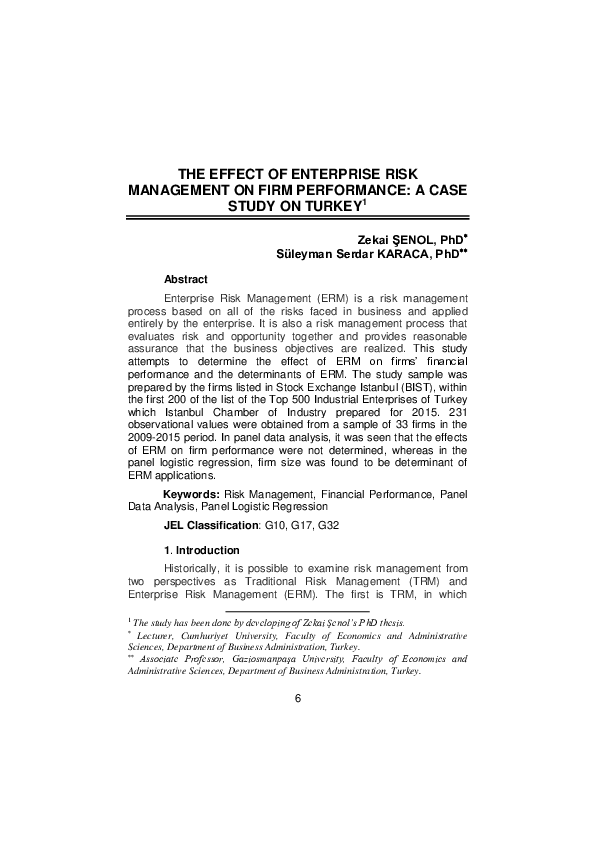 (PDF) The Effect of Enterprise Risk Management on Firm Performance: A ...