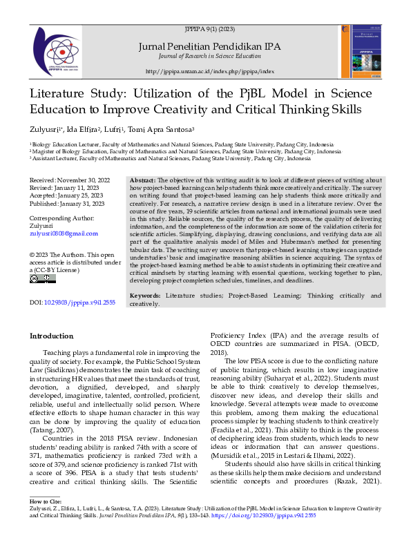 (PDF) Literature Study: Utilization of the PjBL Model in Science ...