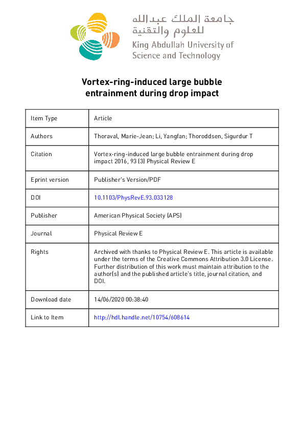(PDF) Vortex-ring-induced large bubble entrainment during drop impact
