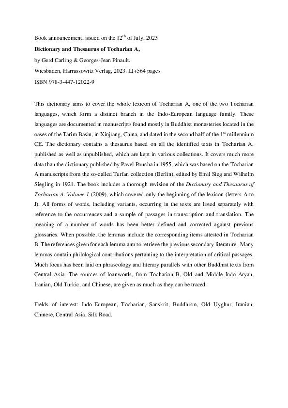 (PDF) Dictionary Thesaurus Tocharian A 2023