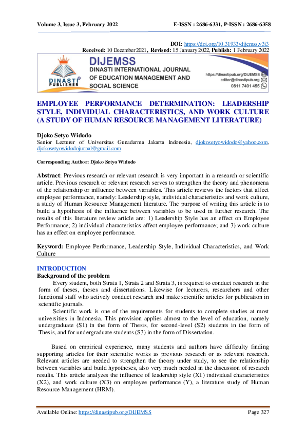 (PDF) Employee Performance Determination: Leadership Style, Individual ...