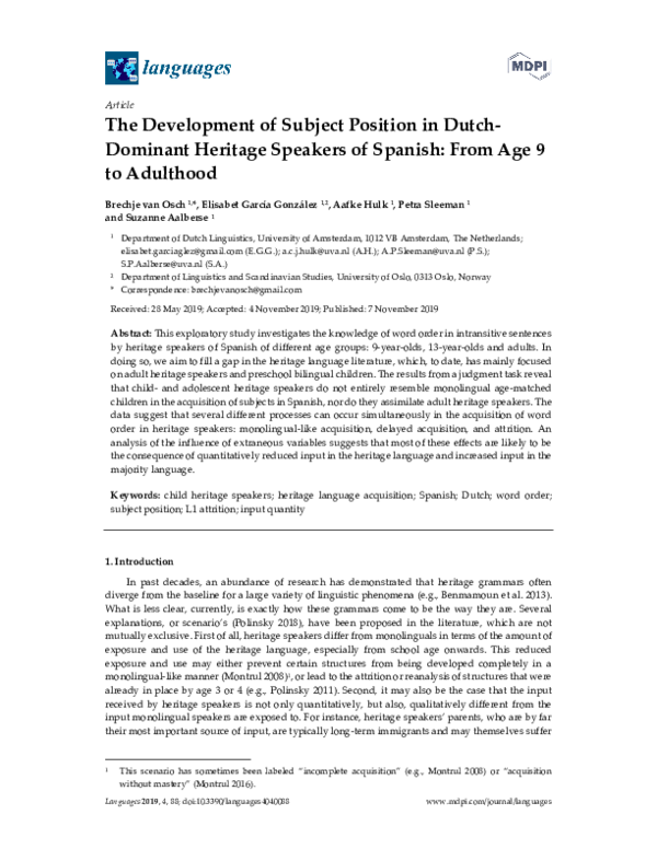 (PDF) The Development of Subject Position in Dutch-Dominant Heritage ...