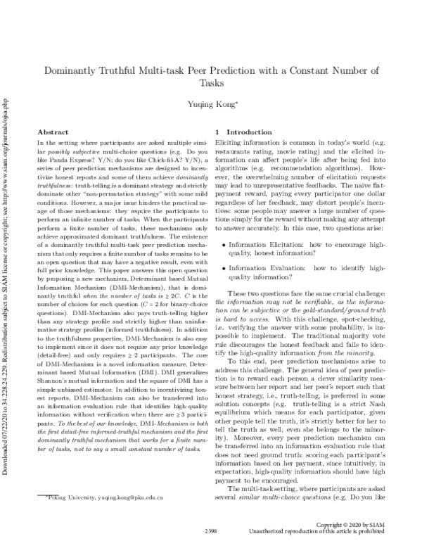 (PDF) Dominantly Truthful Multi-task Peer Prediction with a Constant ...