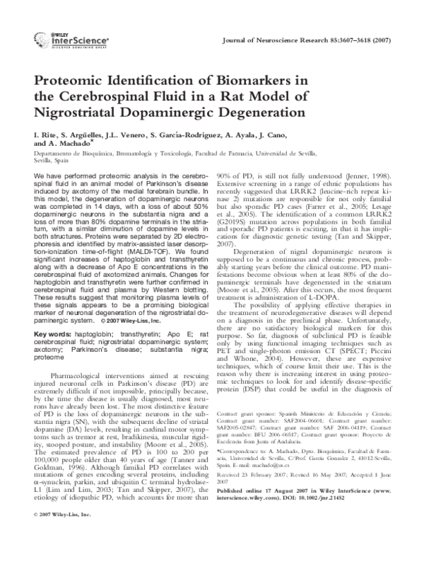 (PDF) Proteomic identification of biomarkers in the cerebrospinal fluid ...