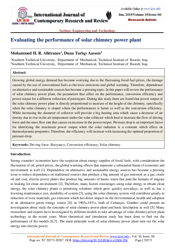 (PDF) Evaluating The Performance of Solar Chimney Power Plant