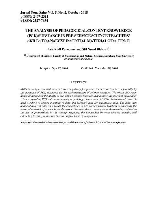 (PDF) The Analysis of Pedagogical Content Knowledge (PCK) Substance in ...