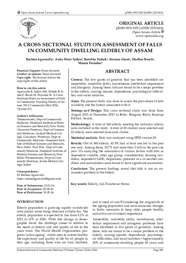(PDF) A Cross Sectional Study on Assessment of Falls in Community ...