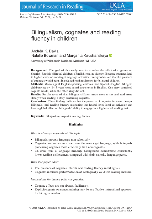(PDF) Bilingualism, cognates and reading fluency in children