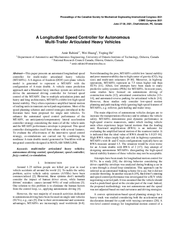 (PDF) A Longitudinal Speed Controller For Autonomous Multi-Trailer ...