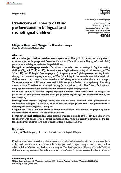 (PDF) Predictors of Theory of Mind performance in bilingual and ...
