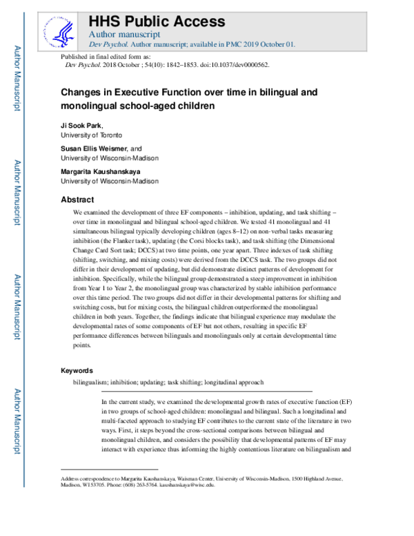 (PDF) Changes in executive function over time in bilingual and ...