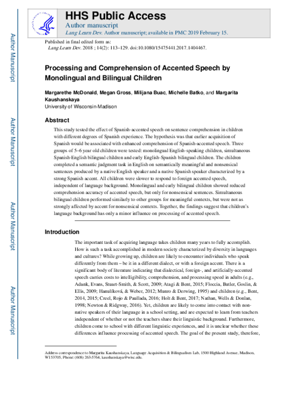 (PDF) Processing and Comprehension of Accented Speech by Monolingual ...