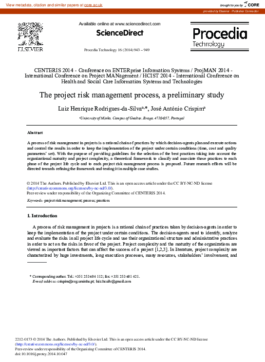 (PDF) The Project Risk Management Process, a Preliminary Study